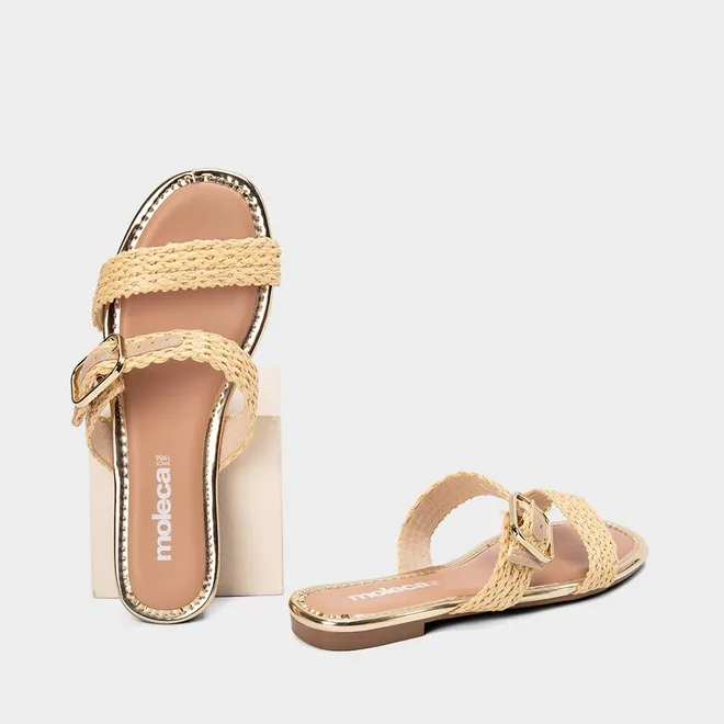Rasteira Feminina Moleca Detalhe Fivela Ráfia Bege