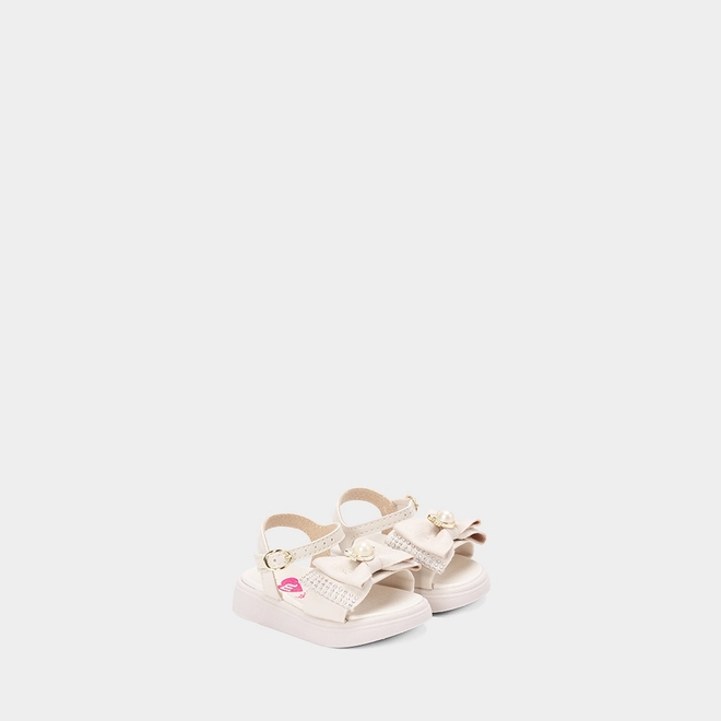 Sandália Bebê Molekinha Laço Strass Gatinho Pérola Off White