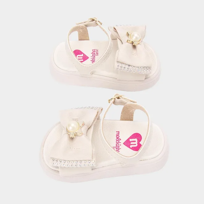 Sandália Bebê Molekinha Laço Strass Gatinho Pérola Off White