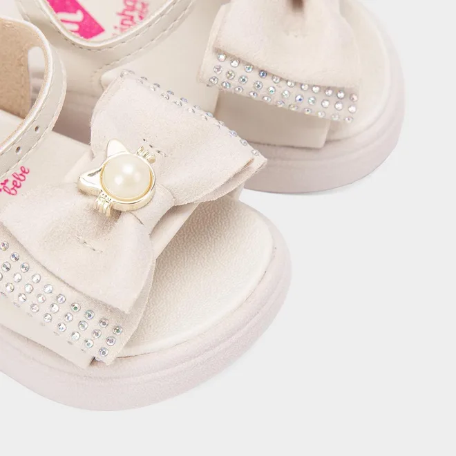 Sandália Bebê Molekinha Laço Strass Gatinho Pérola Off White