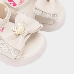 Sandália Bebê Molekinha Laço Strass Gatinho Pérola Off White