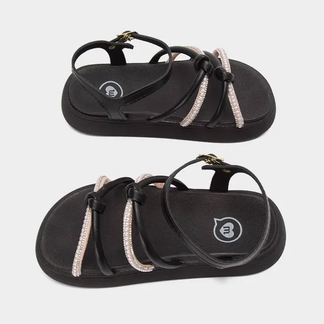 Sandália Infantil Molekinha Flatform Detalhe Strass & Pérola Preto