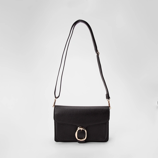 Bolsa Transversal Gabriela Média Texturizada Detalhe Fivela Preto