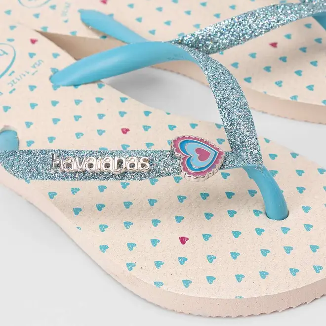 Chinelo Infantil Havaianas Original Pigente Coração Glitter Bege & Azul