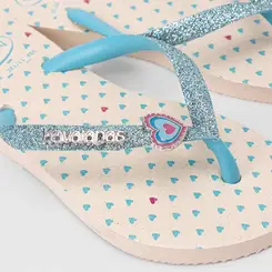 Chinelo Infantil Havaianas Original Pigente Coração Glitter Bege & Azul