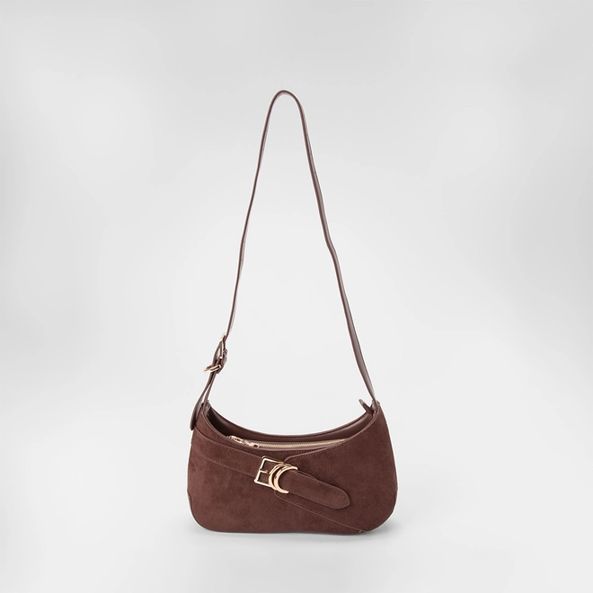 Bolsa Baguete Gabriela Média Suede Enfeite Fivela Marrom