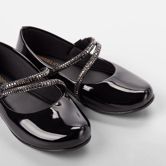 Sapatilha Boneca Infantil Gabrielinha Tiras Pedraria Verniz Preto