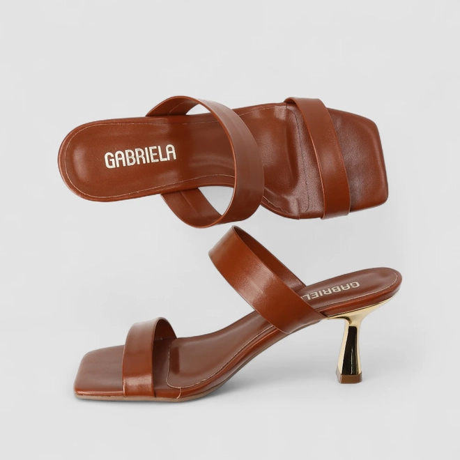 Tamanco Feminino Gabriela Salto Estilizado Dourado Marrom