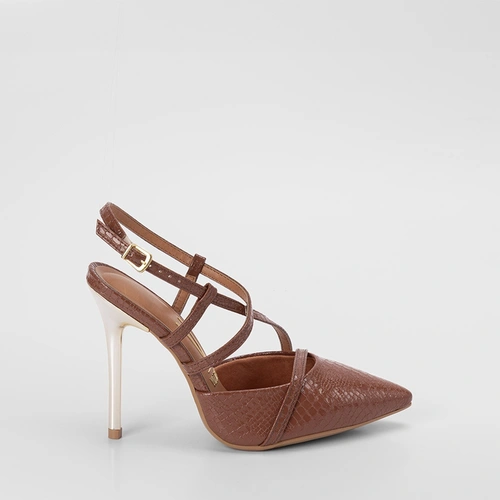 Scarpin Feminino Vizzano Salto Fino Alto Croco Tiras Cruzadas Marrom