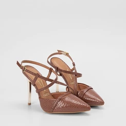 Scarpin Feminino Vizzano Salto Fino Alto Croco Tiras Cruzadas Marrom