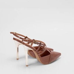 Scarpin Feminino Vizzano Salto Fino Alto Croco Tiras Cruzadas Marrom