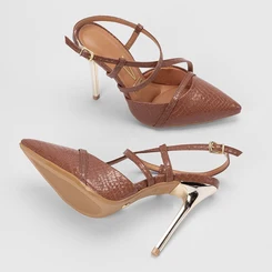 Scarpin Feminino Vizzano Salto Fino Alto Croco Tiras Cruzadas Marrom