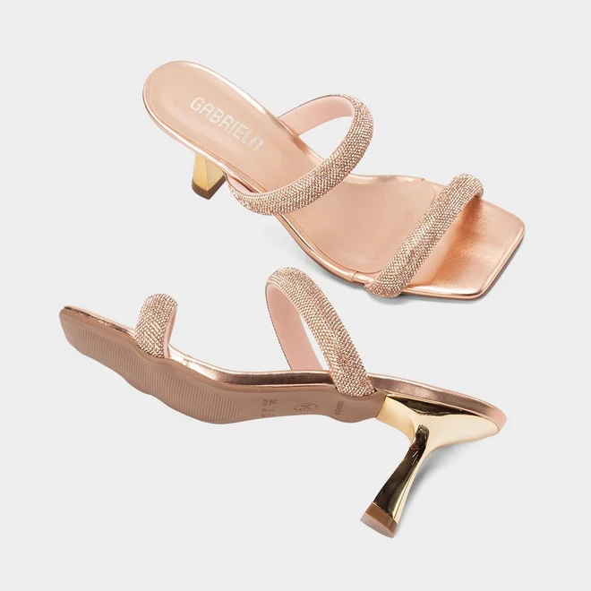Tamanco Feminino Gabriela Salto Fino com Brilhos Rose Dourado