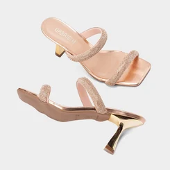 Tamanco Feminino Gabriela Salto Fino com Brilhos Rose Dourado