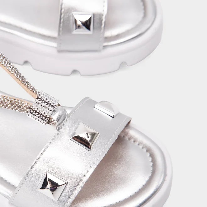 Sandália Infantil Gabrielinha Detalhe Tachas & Strass Metalizado Prata