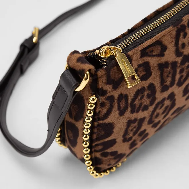 Bolsa Transversal Gabriela Média Detalhe Miçanga Animal Print Onça Marrom
