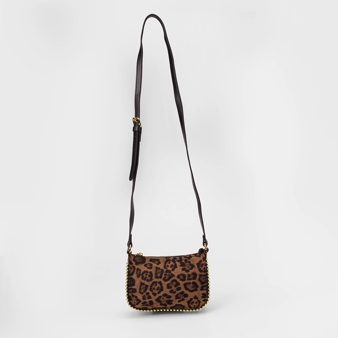Bolsa Transversal Gabriela Média Detalhe Miçanga Animal Print Onça Marrom