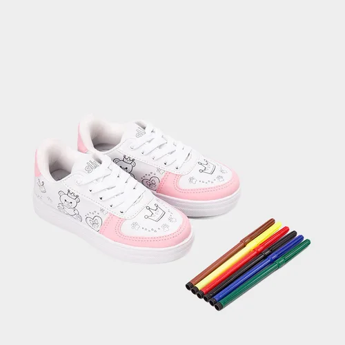 Tênis Casual Infantil Slink Jogging + Brinde 6 Canetinhas Branco & Rosa