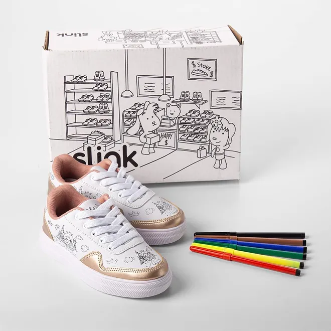 Tênis Casual Infantil Slink Metalizado + Brinde 6 Canetinhas Branco & Bronze
