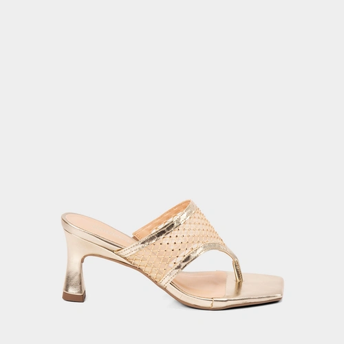 Tamanco Feminino Gabriela Salto Médio Flare Tela Em Strass Metalizado Ouro