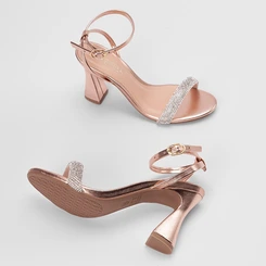Sandália Feminina Gabriela Salto Alto Strass Rose Gold