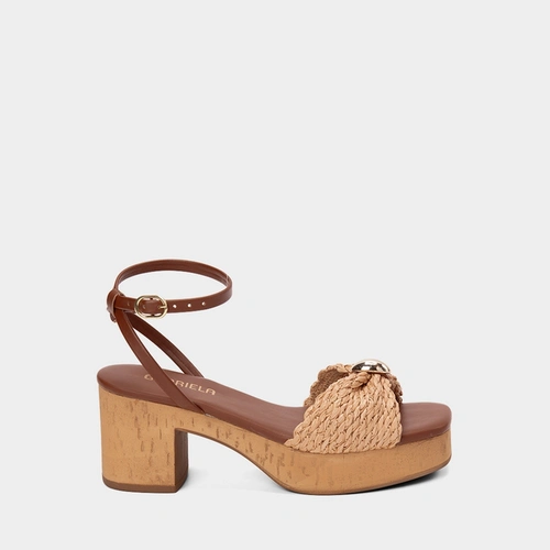 Sandália Feminina Gabriela Salto Meia Pata Ráfia & Bold Marrom