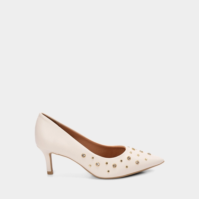Scarpin Feminino Vizzano Salto Médio Fino Detalhe Tachas & Pedraria Off White