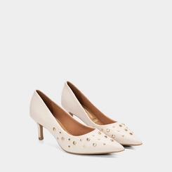 Scarpin Feminino Vizzano Salto Médio Fino Detalhe Tachas & Pedraria Off White