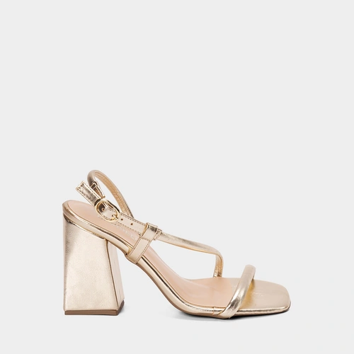 Sandália Feminina Gabriela Salto Geométrico Metalizado Ouro