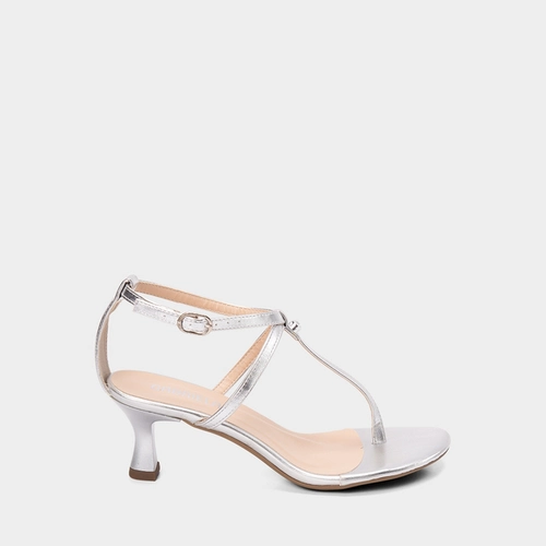 Sandália Feminina Gabriela Salto Médio Flare Metalizado Prata