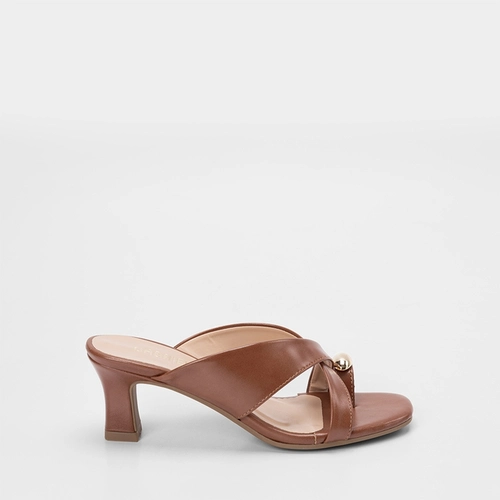 Tamanco Feminino Gabriela Salto Médio Geométrico Detalhe Bold Caramelo