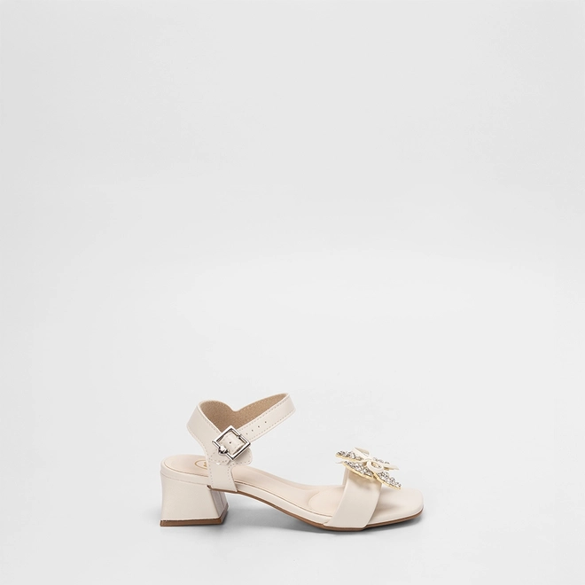 Sandália Infantil Molekinha Salto Geométrico Detalhe Laço & Strass Off White