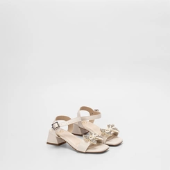 Sandália Infantil Molekinha Salto Geométrico Detalhe Laço & Strass Off White