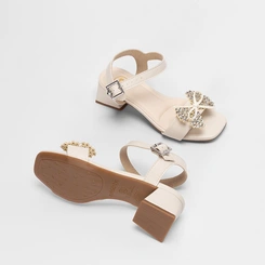 Sandália Infantil Molekinha Salto Geométrico Detalhe Laço & Strass Off White