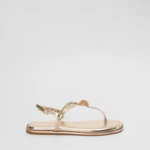 Sandália Rasteira Feminina Gabriela Enfeite Strass Metalizado Ouro