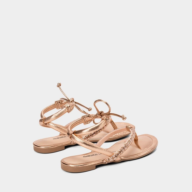 Sandália Rasteira Feminina Dakota Tiras Amarração & Strass Metalizado Rose Gold