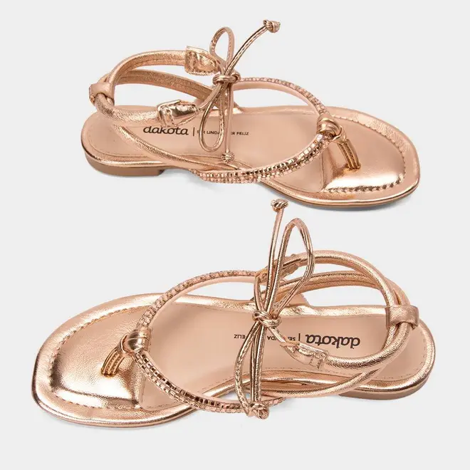 Sandália Rasteira Feminina Dakota Tiras Amarração & Strass Metalizado Rose Gold
