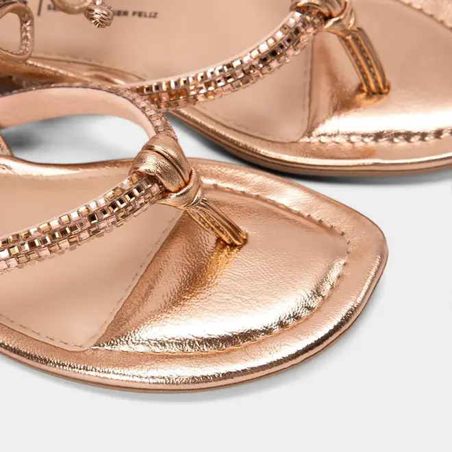 Sandália Rasteira Feminina Dakota Tiras Amarração & Strass Metalizado Rose Gold