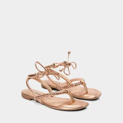 Sandália Rasteira Feminina Dakota Tiras Amarração & Strass Metalizado Rose Gold