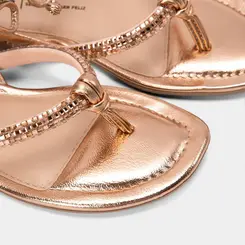 Sandália Rasteira Feminina Dakota Tiras Amarração & Strass Metalizado Rose Gold