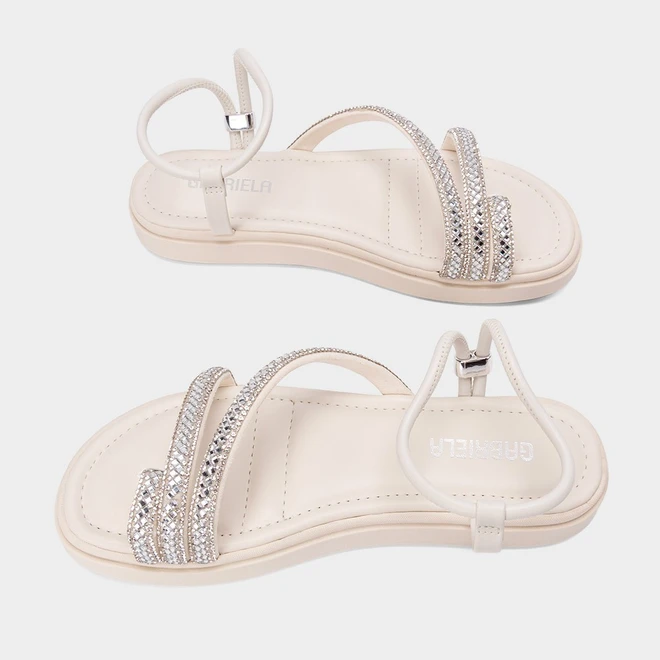 Sandália Feminina Gabriela Flatform Tiras Strass Off White