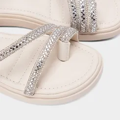 Sandália Feminina Gabriela Flatform Tiras Strass Off White