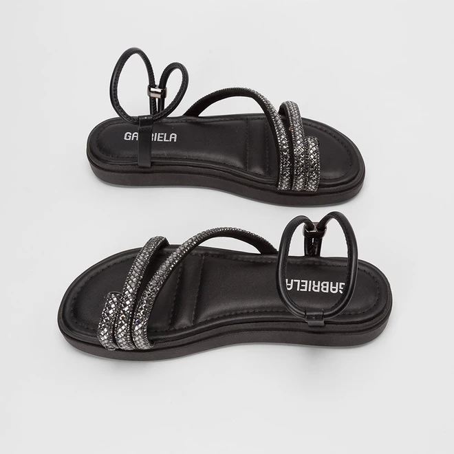 Sandália Feminina Gabriela Flatform Tiras Strass Preto