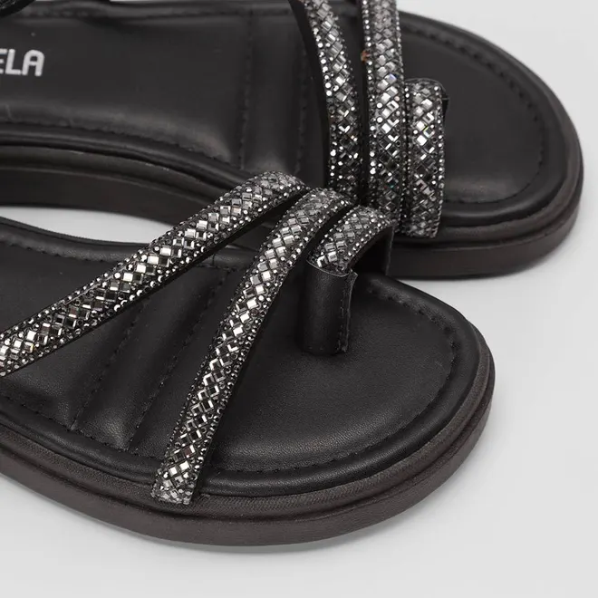 Sandália Feminina Gabriela Flatform Tiras Strass Preto