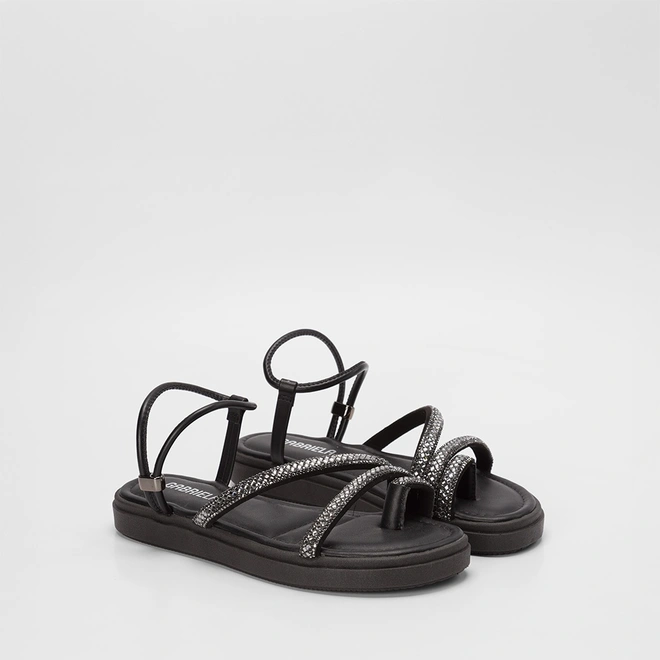 Sandália Feminina Gabriela Flatform Tiras Strass Preto