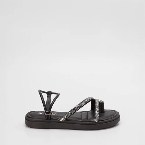 Sandália Feminina Gabriela Flatform Tiras Strass Preto