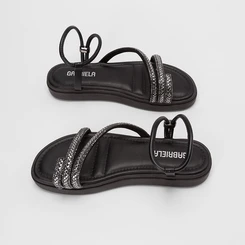 Sandália Feminina Gabriela Flatform Tiras Strass Preto