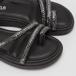 Sandália Feminina Gabriela Flatform Tiras Strass Preto