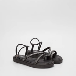 Sandália Feminina Gabriela Flatform Tiras Strass Preto
