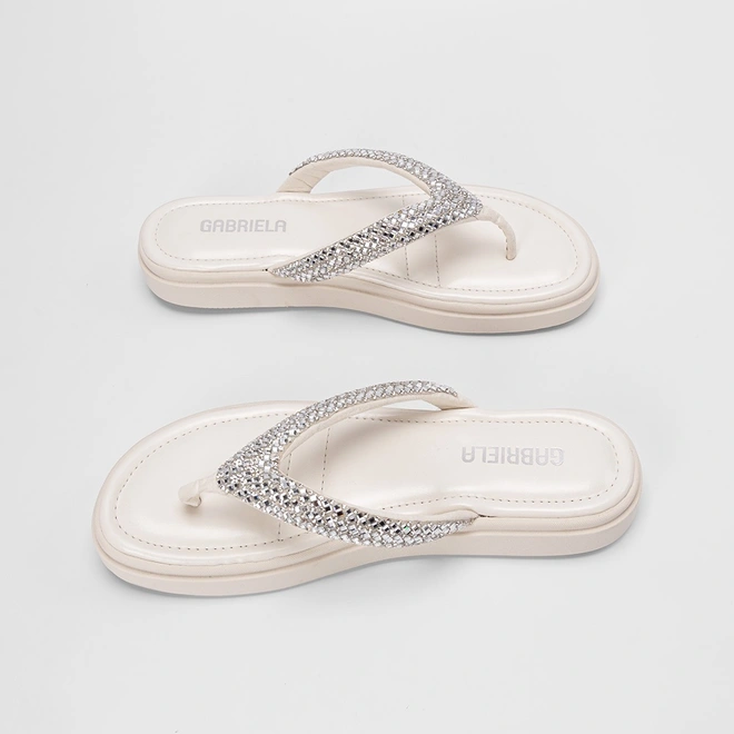 Tamanco Feminino Gabriela Flatform Tiras Strass Off White